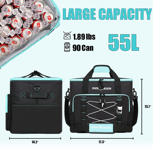 INSMEER Large 55L Cooler Bag, 90 Cans Foldable Cooler Bag, Leakproof & Waterproof Insulated Bag with Bottle Opener XXL Picnic Bag/Shopping Bag for Trip, Camping, Beach