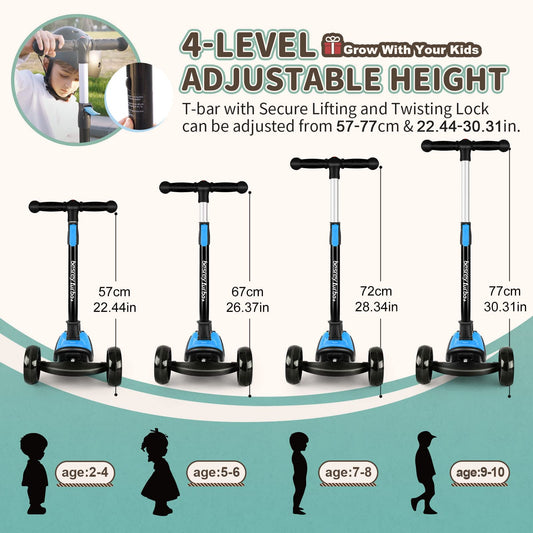 Besrey Kids Scooter, the safe three-wheel scooter with PU LED light-up wheels, foldable adjustable height, lightweight and can hold up to 50 kg, suitable for toddler boys and girls.