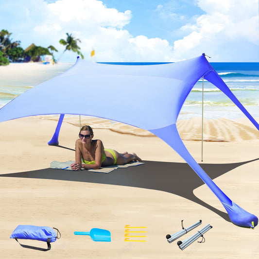 Cuupo beach tent, pop-up, 2x2.1m, SPF 50, Lycra, outdoor sun protection, anti-wind, stability poles, backyard with beach blanket, royal blue.