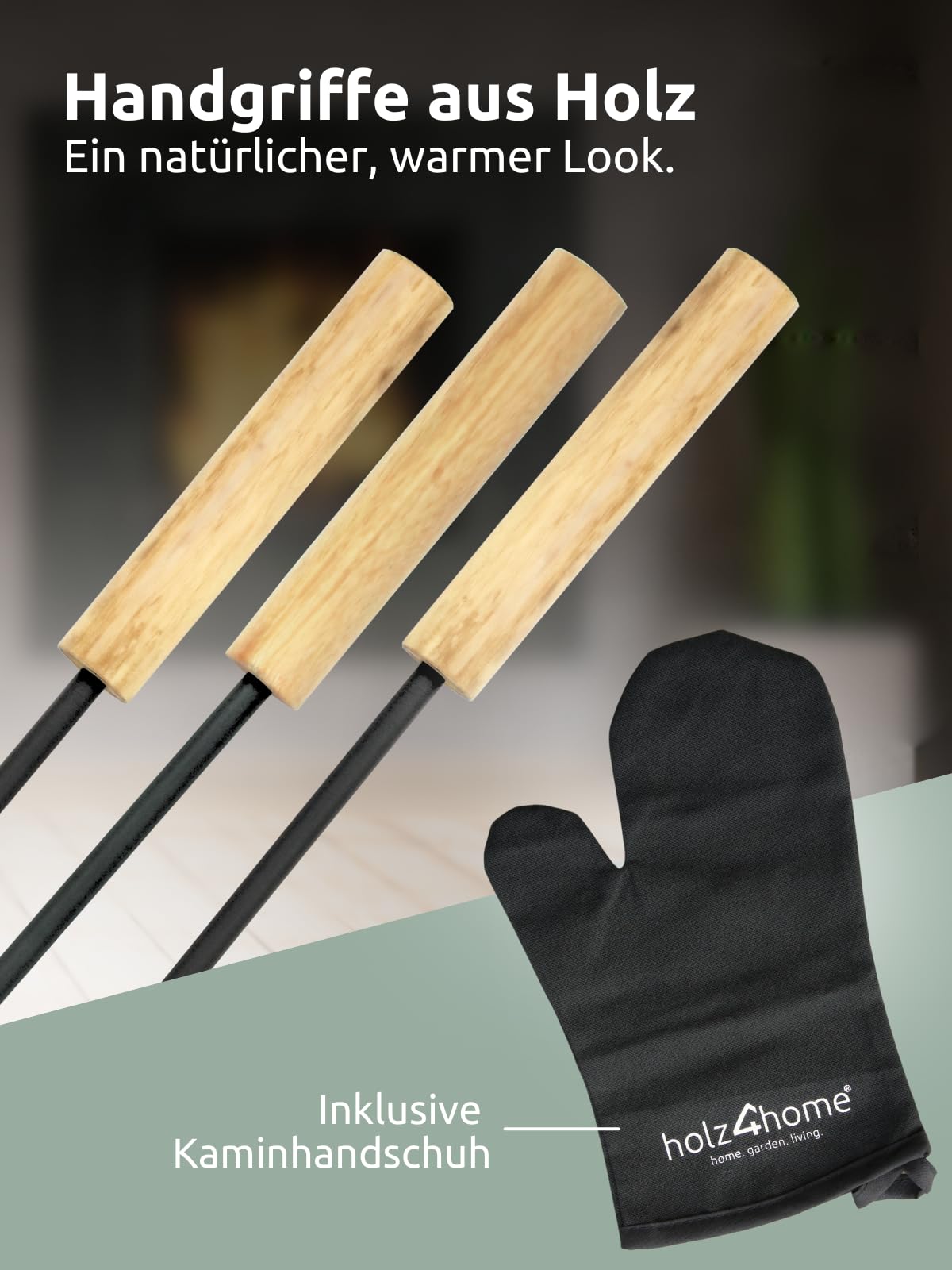 wood4home® fireplace tool set 5 pieces. Gray-black with wooden handle including oven glove I fireplace set fireplace tool set anthracite stove tool poker brush ash shovel