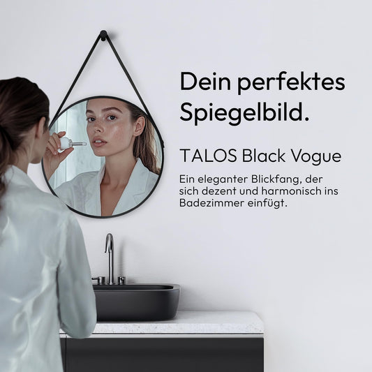 Talos Black Style round Ø 50 cm - Round bathroom mirror in matte black with aluminum frame - Wall mirror with leather-look band - High-quality bathroom mirror for a modern atmosphere