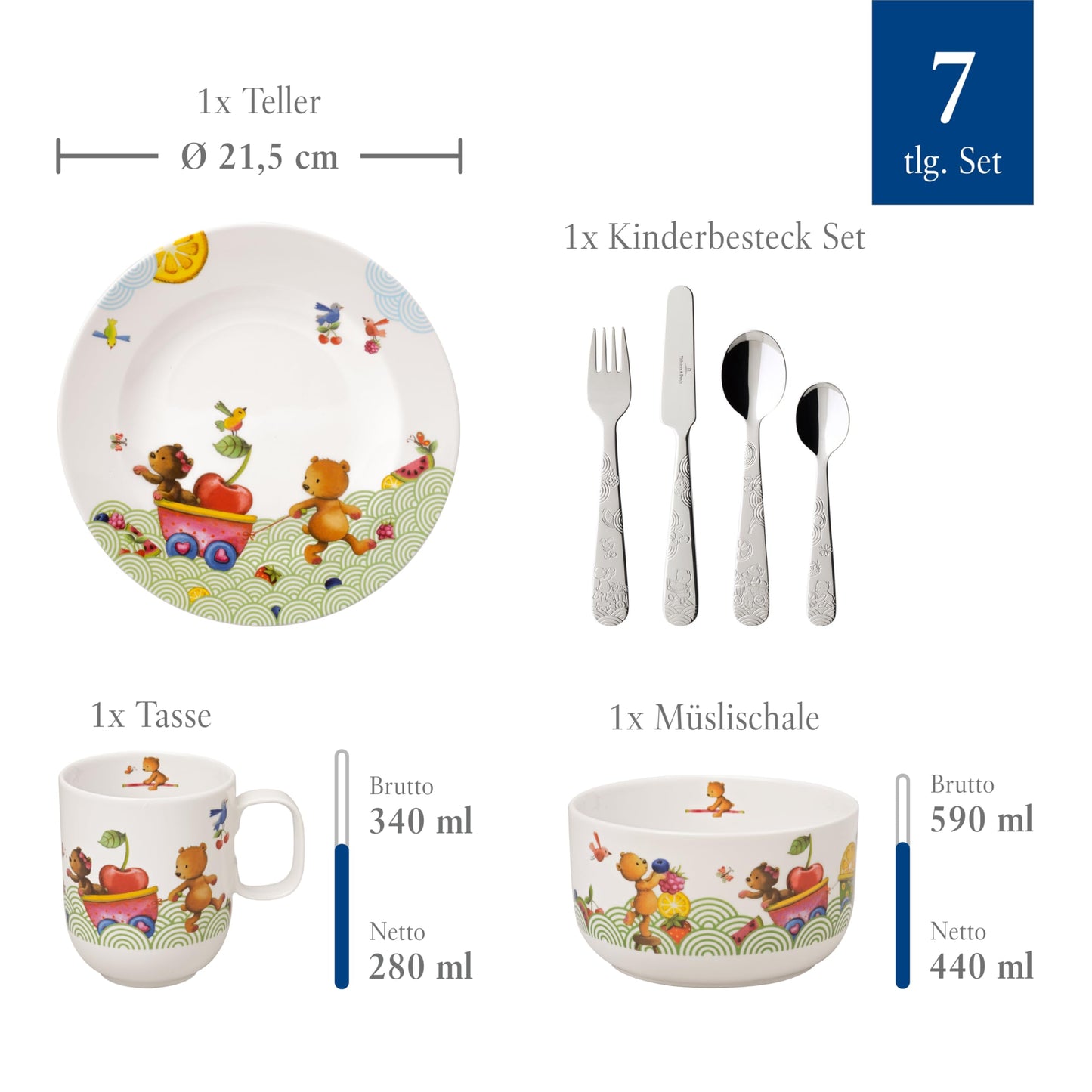 Villeroy & Boch - Hungry As A Bear Set with children's cutlery and tableware (7 pieces). Dishwasher safe, microwave safe. Includes: children's plate, children's cup, children's cutlery set. Made of premium porcelain/stainless steel.
