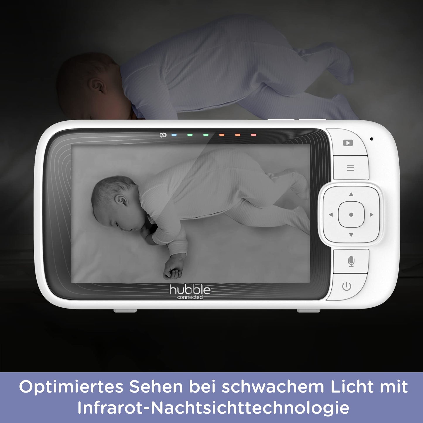 Hubble Connected Nursery Pal SkyView Baby Monitor comes with Camera, 5" Screen, Cot Mount, 7 Colour Night Light, Infrared Night Vision, Two-Way Call, Room Temperature Sensor, and smartphone app.