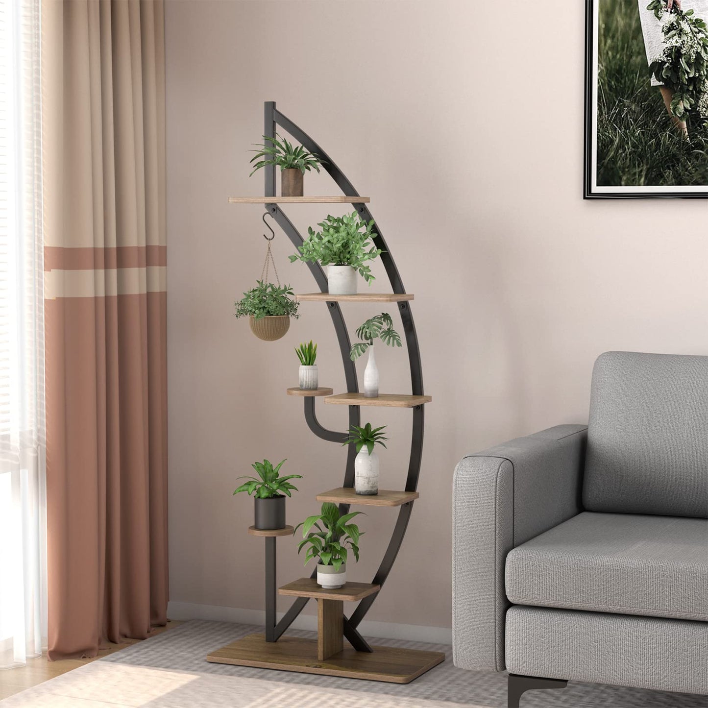 GOPLUS 6-tier Flower Stand Metal, half-moon Plant Stand with Shelves & Hooks, Plant Rack Flower Shelf Flower Stairs Plant Stairs for Living Room, Bedroom, Balcony (Brown, 2)