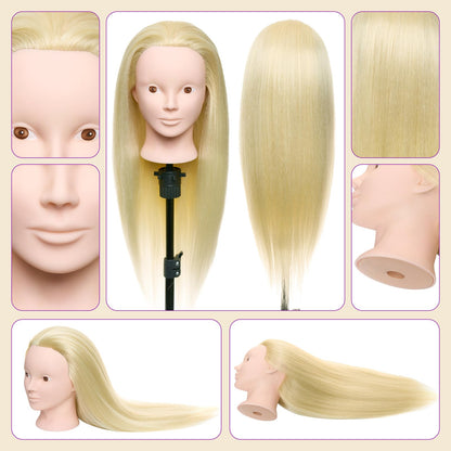 24 inch hairdressing head with 50% real hair. Ideal for practicing hair styling techniques, perfect for hairdressing students. Comes with stand and DIY hair set. Great for training hairstylists.