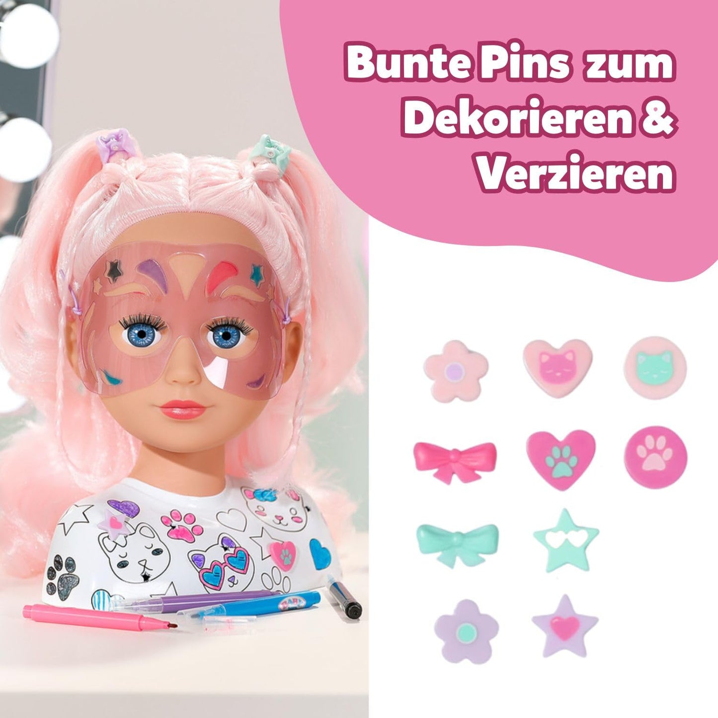 BABY born Styling Head Creative, styling head for painting with high-quality pink hair and over 20 accessories, 836033 Zapf Creation.