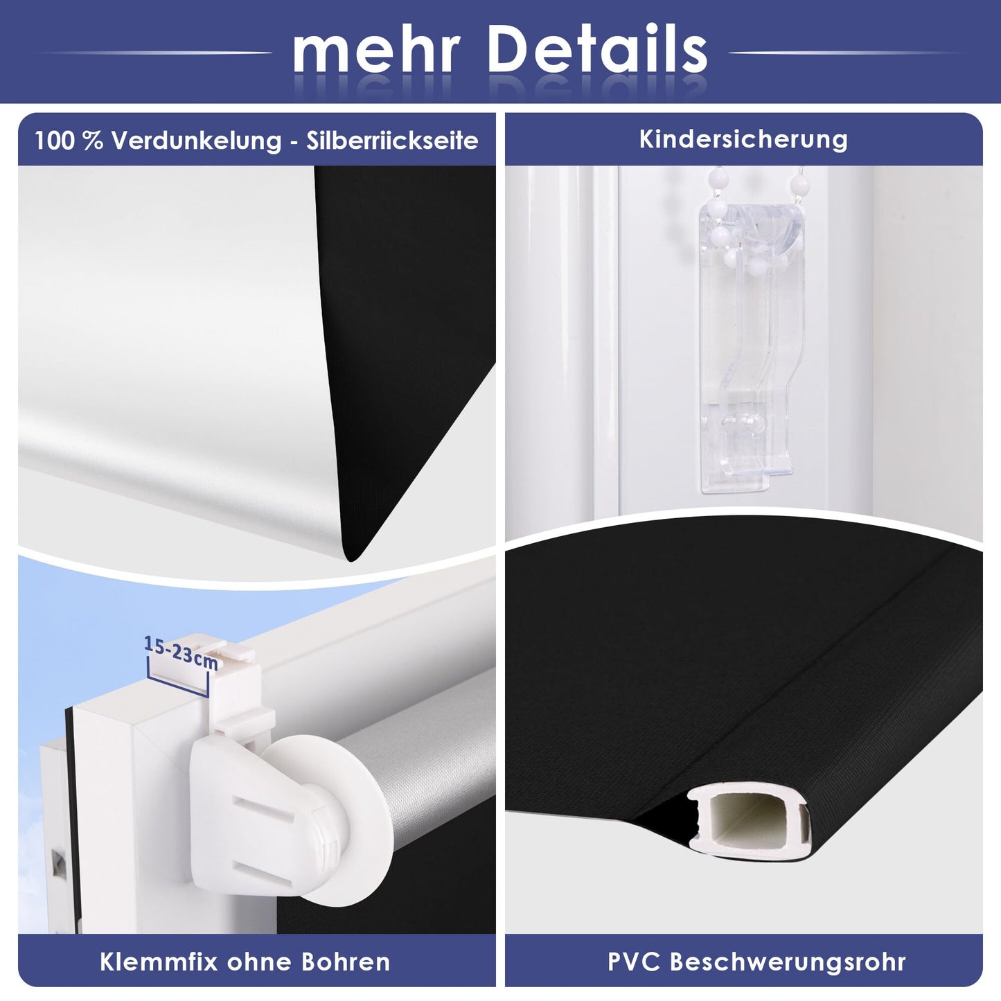 smartdemo blackout roller blind without drilling & with drilling, clamp roller blind window blind black 120x150cm (WxH), thermal roller blind privacy and sun protection, clamp roller blinds for windows & doors