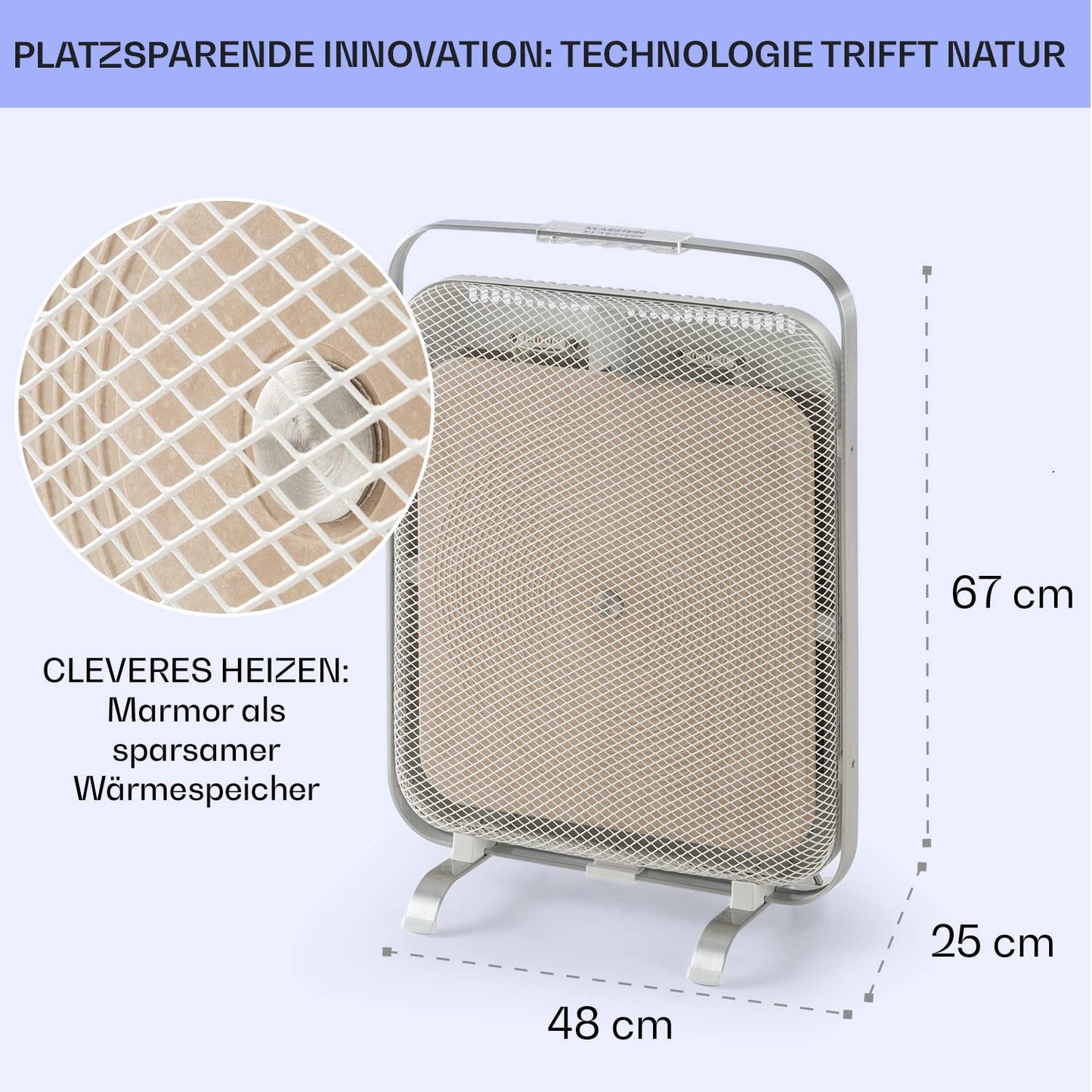 KLARSTEIN HeatPal - Electric heater, extra slim design, infrared heating, heating panel, 1300 W, up to 30 m², heat retention, marble plate - brushed aluminum