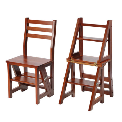 Navaris Folding Chair with Step Function - Chair 3-Step Ladder and Flower Stand in One - Bamboo Folding Chair Folding Step Stool - Kitchen Chair Foldable - Dark Brown
