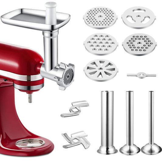Gdrtwwh meat grinder attachment compatible with all KitchenAid stand mixers - includes 3 sausage stuffing tubes, 2 grinding blades, and 5 grinding plates.