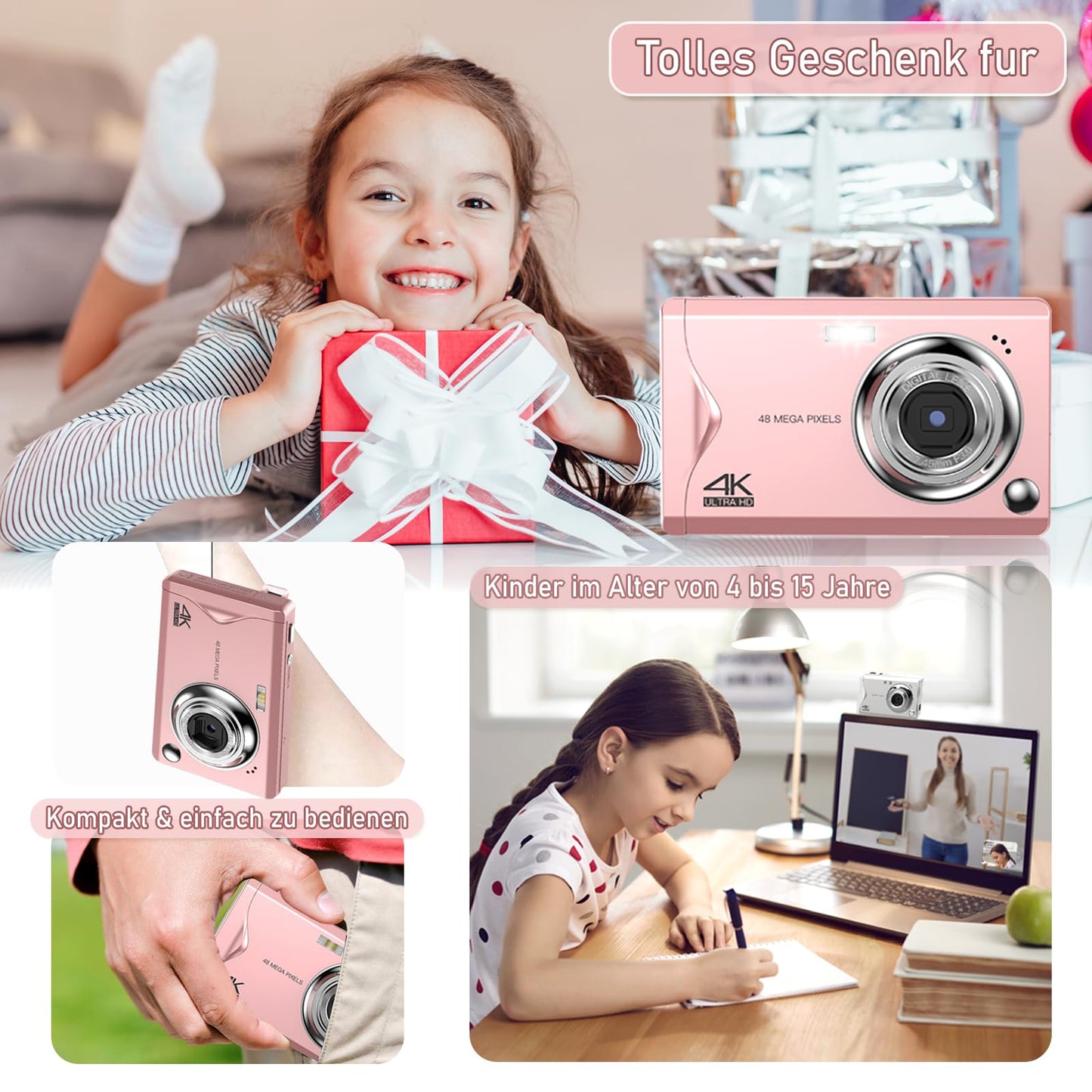 Digital camera, 48MP 1080P Full HD camera, 32GB TF card, 3.0-inch screen, portable compact camera with 16x digital zoom, 4K Ultra HD video recording (pink)