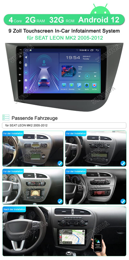 JUNHUA 9" Android 12 2GB+32GB car radio navigation for SEAT Leon MK2 2005-2012, with 1280*800 resolution. Supports Wireless Carplay, Android Auto, GPS, Bluetooth, DSP, FM Radio, RDS, WiFi. Car multimedia system.