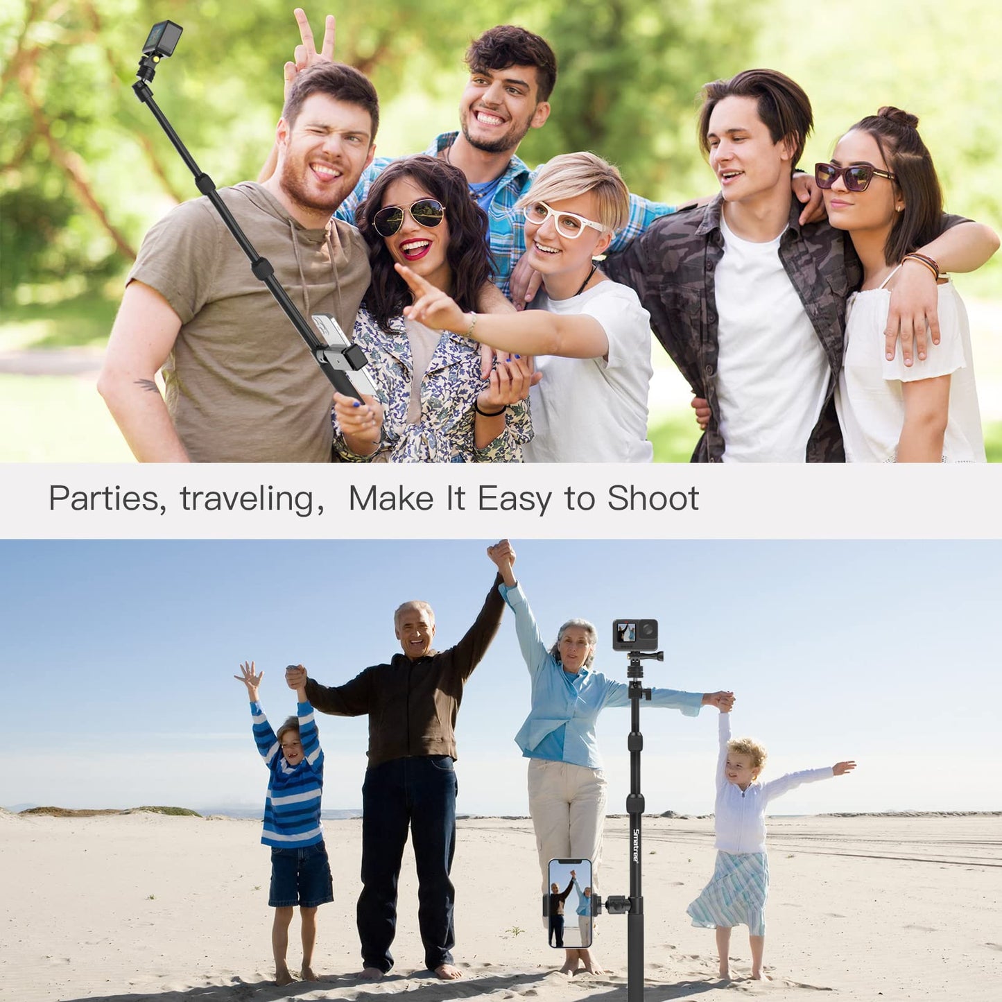 Smatree DS11S telescopic pole made of aluminum alloy, selfie stick, compatible with GoPro Hero 13/12/11/10/9/8/7/6/5/4/3/2/1, DJI Osmo, and other action cameras with 1/4" thread (15.8"-40.5")