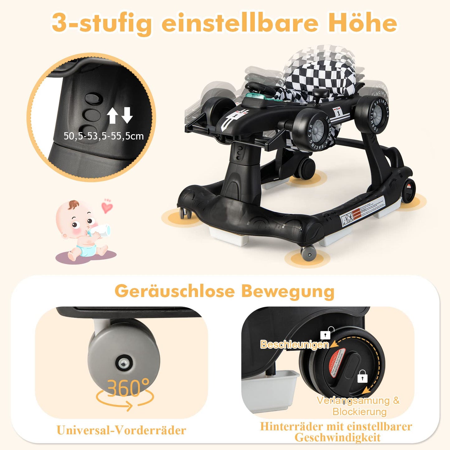 DREAMADE 4-in-1 auto-shaped baby walker with adjustable speed, music & lights. Height adjustable and foldable, suitable for babies aged 6 months and older.