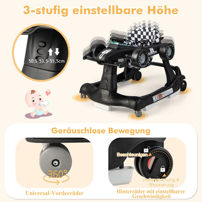DREAMADE 4-in-1 auto-shaped baby walker with adjustable speed, music & lights. Height adjustable and foldable, suitable for babies aged 6 months and older.