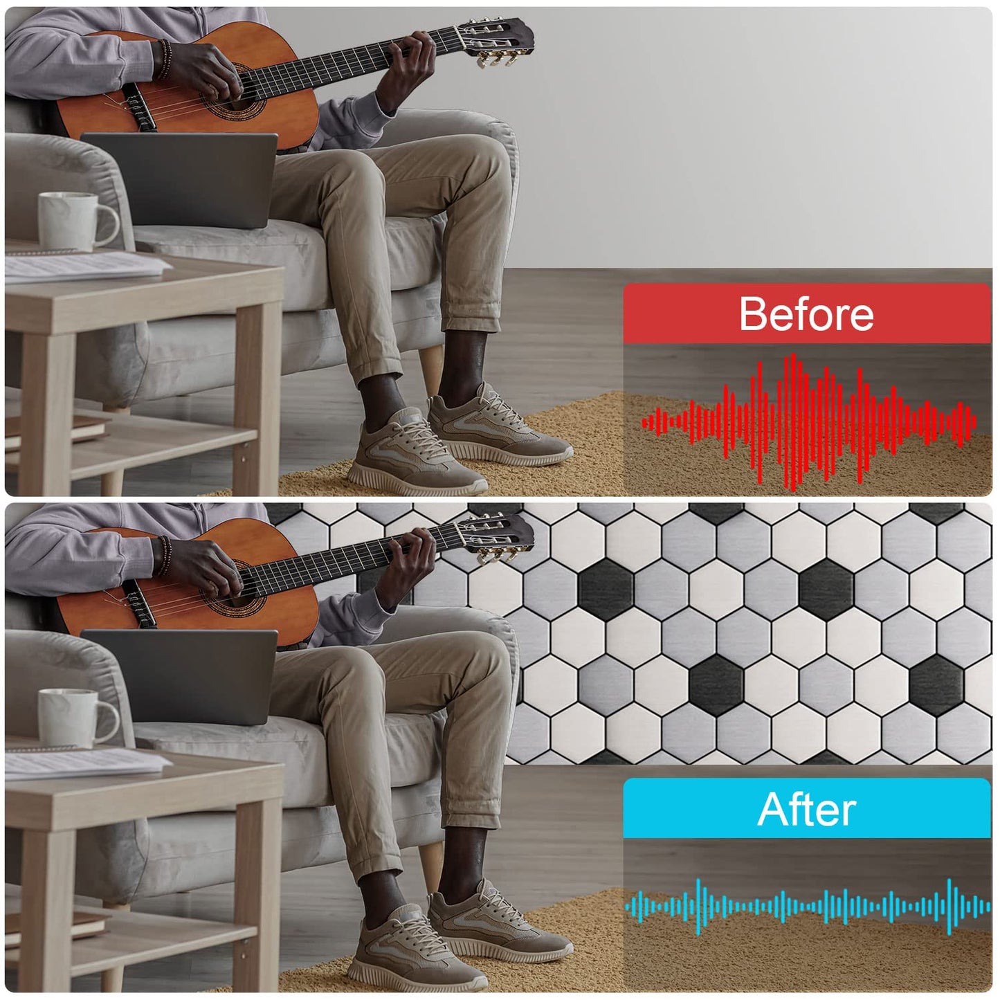 JBER Hexagonal Acoustic Panels, Soundproof Interior, Sound Absorbing Panels, 35.6 x 30 x 1cm Beveled Edge High Density Wall Tiles, for Acoustic Treatment, (12 Pieces White)