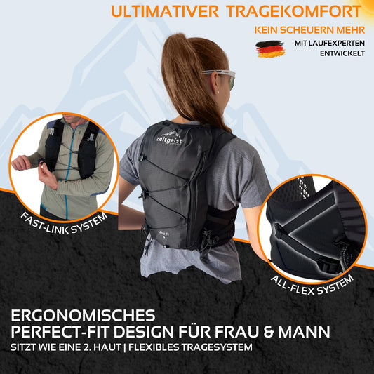 zeitgeist OUTDOOR® running vest for women and men 4L | optimal fit | breathable | ultra-light running backpack 210gr hydration pack running cycling backpack trail running backpack - (XS/S, black)