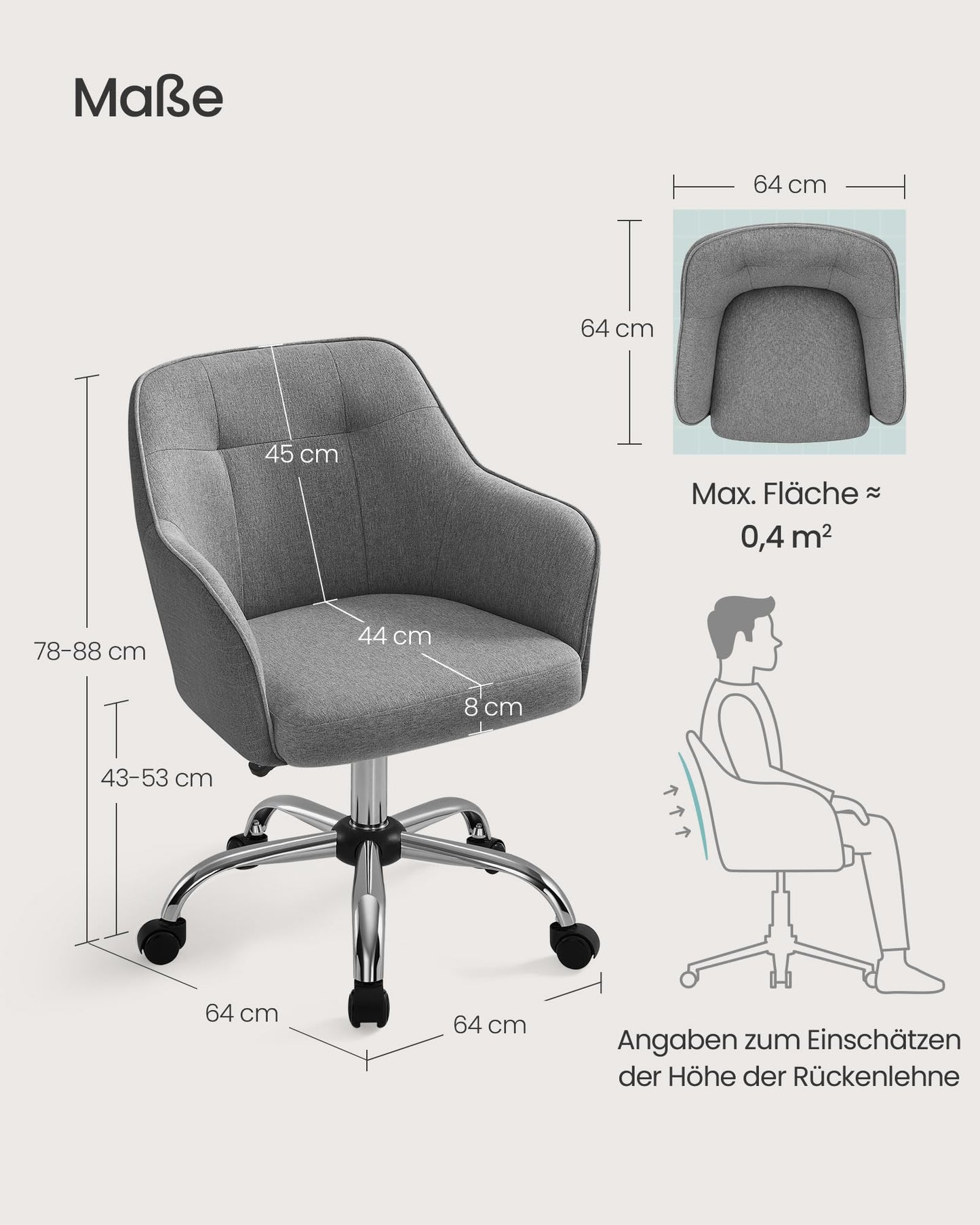 SONGMICS Home Office Chair, Swivel Desk Chair, Height Adjustable, Supports up to 110 kg, Breathable Fabric, for Study Room, Bedroom, Grey OBG019G01