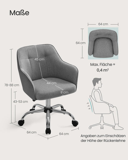 SONGMICS Home Office Chair, Swivel Desk Chair, Height Adjustable, Supports up to 110 kg, Breathable Fabric, for Study Room, Bedroom, Grey OBG019G01