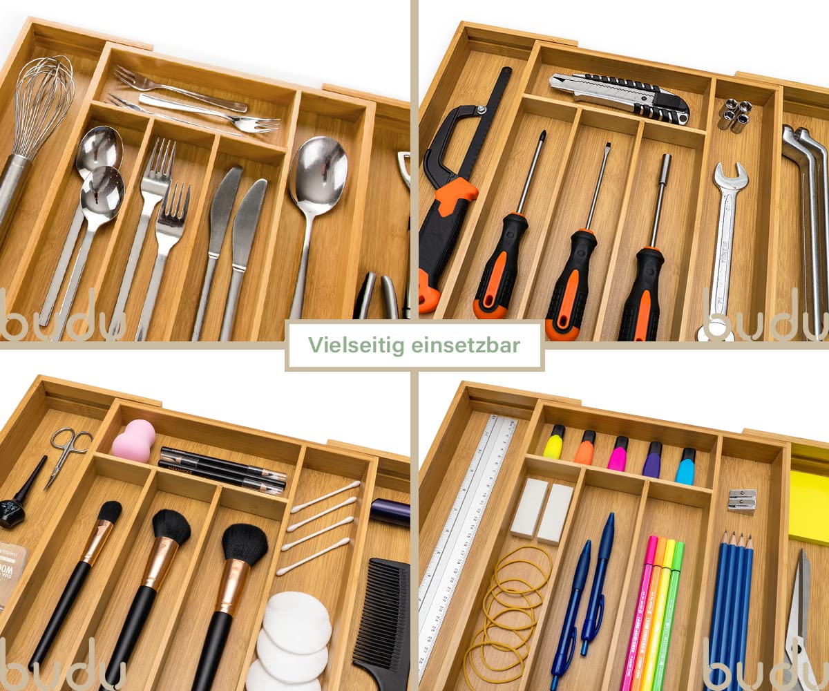 Budu cutlery tray #33.5 (depth 33.5cm) made of bamboo - Drawer organization system for the kitchen - Cutlery tray for drawers made of bamboo - Expandable - Kitchen drawer organizer - Kitchen organizer