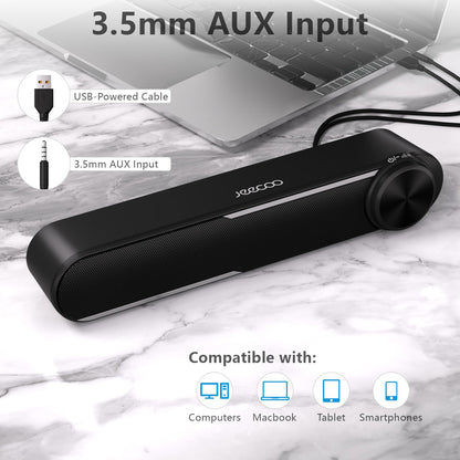 Jeecoo A30 PC speakers, computer speakers for PC, USB powered PC soundbar in black. Speakers for PC, laptop, monitor, iPad, tablets, smartphone (USB+3.5mm)