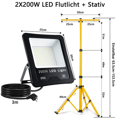2x 200W LED floodlights super bright IP66 waterproof LED floodlight 6000 Kelvin cool white outdoor spotlight floodlights spotlight light with 150cm yellow telescopic tripod for LED floodlights