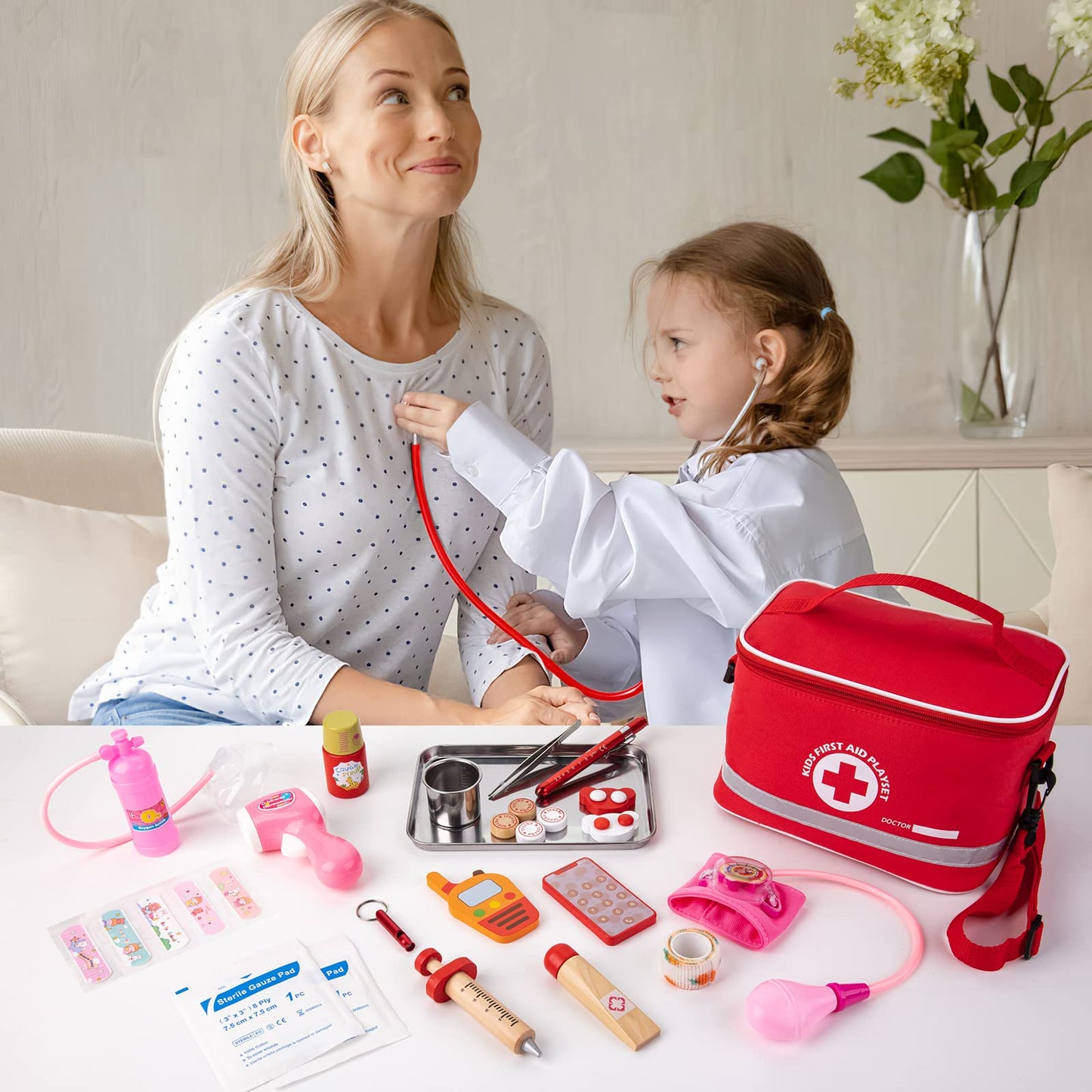 EFO SHM Doctor's Kit for Kids, 34-piece wooden doctor's kit with stethoscope, thermometer, syringe, doctor's bag, and lab coat - Gift for children role-playing toy for ages 3 years and up.