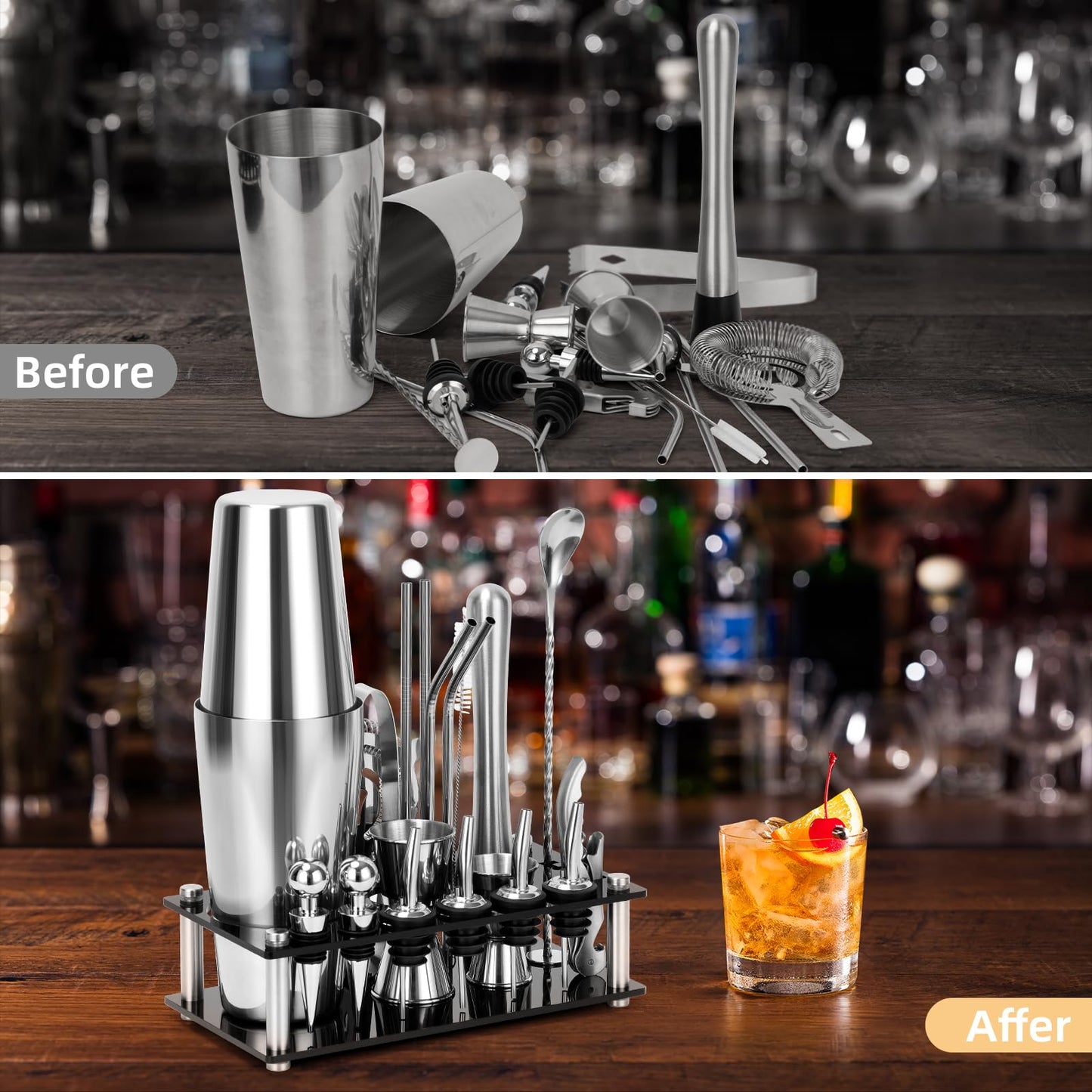 Cinnani Boston Cocktail Set 20-piece - Professional Mixing Set with Stand and Bar Accessories - Shaker and Bartender Set made of Stainless Steel - Gift Set