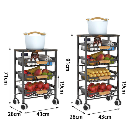 Treesunshine rolling utility cart, kitchen cart with countertop, serving cart with extendable basket made of iron-carbon alloy, wooden kitchen cart, kitchen cart with ample storage, 5-tier utility cart