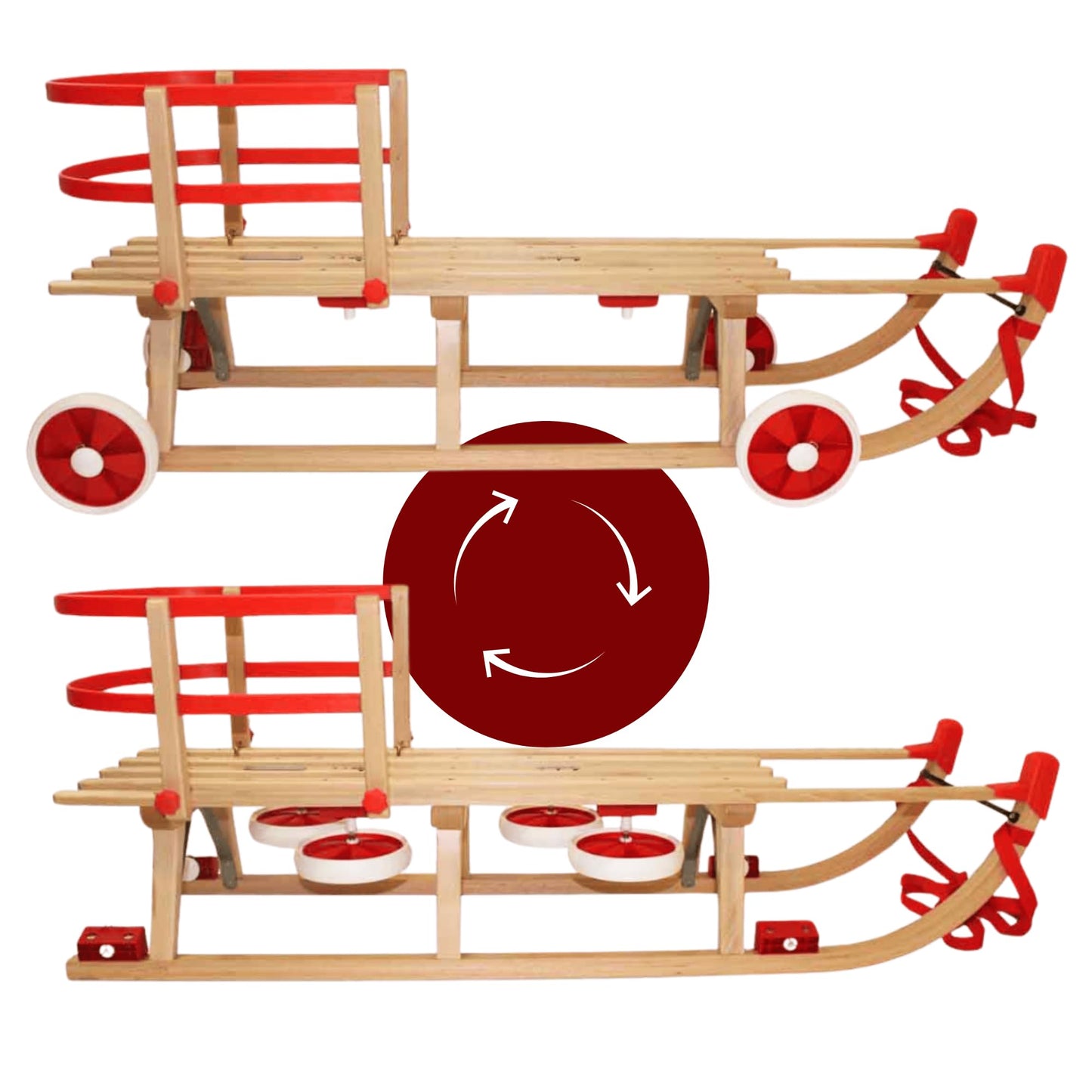 Roll Rodel Original wooden sled with wheels for use on pavement and snow - sled with wheels, red plastic backrest, and pull rope (Davos sled 110cm) - children's vehicle - baby sled