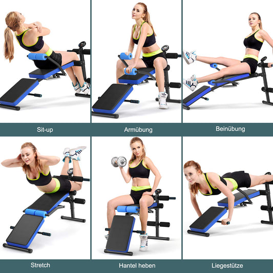 COSTWAY Folding Sit Up Bench, 5-level height adjustable training bench with monitor, incline bench, home trainer up to 150kg load capacity for sit-ups and leg lifts (Blue)