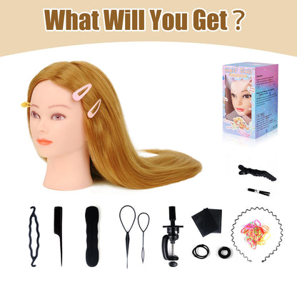 TopDirect Styling Head, 66cm/26 inch doll head for styling long hair, 70% human hair training head, hairdressing mannequin with braiding aid & stand, gold