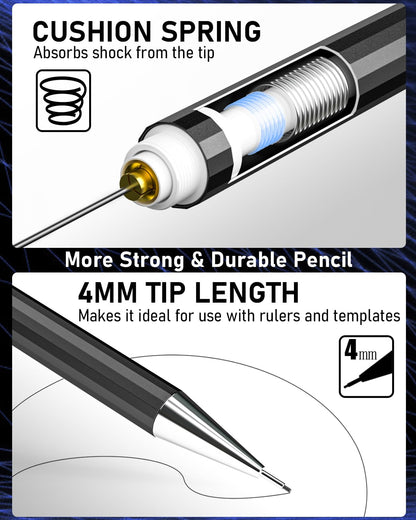 Nicpro 34-piece mechanical pencil set, black metal mechanical pencil set, 0.3, 0.5, 0.7, 0.9mm, and 2mm lead holders (6B, 4B, 2B, HB, 2H, 4H, CR) for sketching, drawing, with 19 tubes of lead.