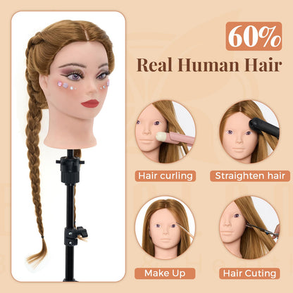 Neverland Beauty 71 cm training head with 60% real hair, barber mannequin head, cosmetology doll head with table clamp and hairdressing tool set, straight, human hair, sew-in gold.