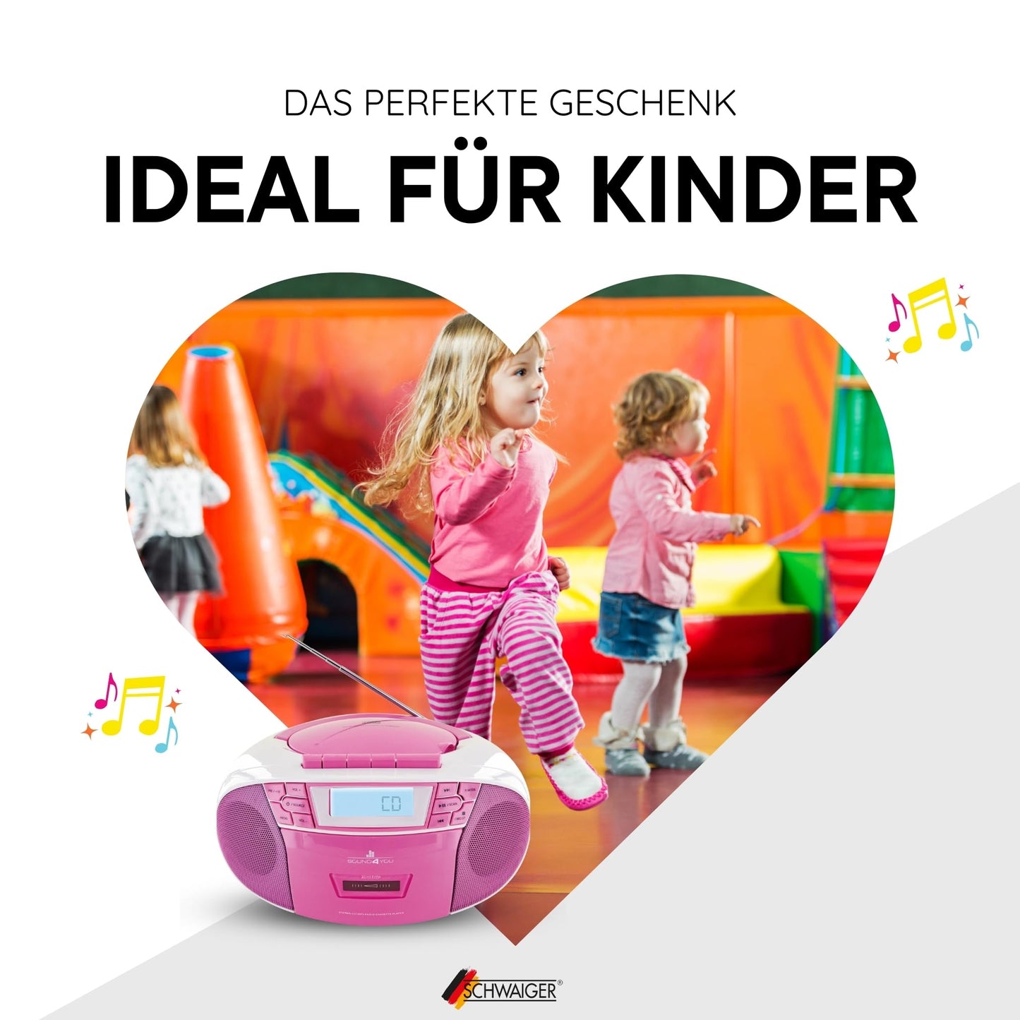 SCHWAIGER 661668- Portable CD Player with cassette and radio, MP3 USB connection, FM radio, AUX, headphones, boombox stereo for home and on the go, mains and battery operation, display