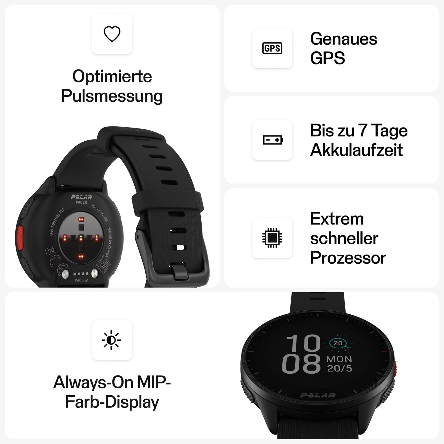 Polar Pacer - GPS running watch - very fast processor - ultralight - bright display - tactile buttons - personalized - heart rate monitor - music control, Night Black, S-L