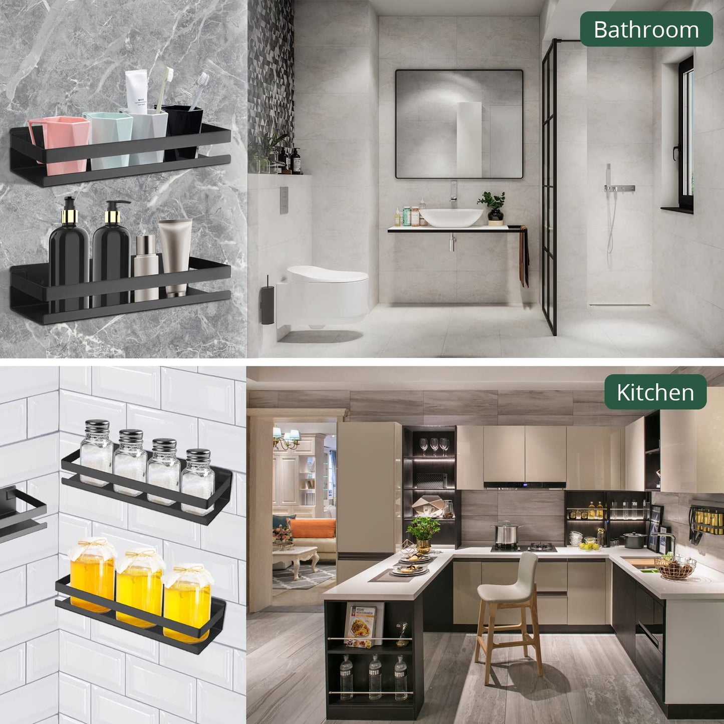 JiGiU shower shelf without drilling, 2 pieces stainless steel bathroom organizer, self-adhesive or drill, black shower caddy with large capacity for bathroom kitchen.