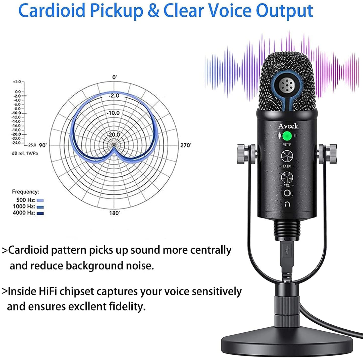Aveek USB microphone for PC and phone, condenser mic with stable stand and noise reduction for computer laptop for podcast, studio, streaming, broadcast, YouTube.