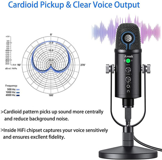 Aveek USB microphone for PC and phone, condenser mic with stable stand and noise reduction for computer laptop for podcast, studio, streaming, broadcast, YouTube.