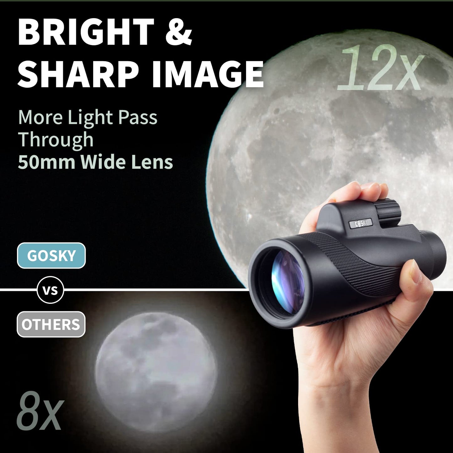 Gosky Titan 12x50 HD Prism Monocular and Quick Smartphone Holder - Waterproof Scope - Bak4 Prism for Bird Watching, Hunting, Wildlife scenery