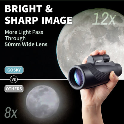 Gosky Titan 12x50 HD Prism Monocular and Quick Smartphone Holder - Waterproof Scope - Bak4 Prism for Bird Watching, Hunting, Wildlife scenery