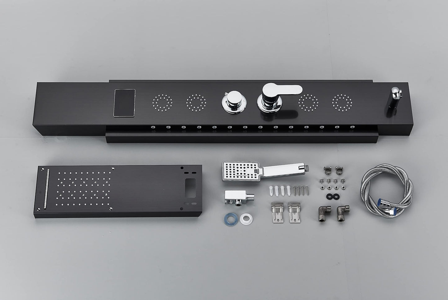 Black LED Multifunction Shower Panel with Stainless Steel Corner Mount Rain Shower Column Bathtub Faucet Shower System Shower Set No Battery Shower Fixture Set Hevenaov