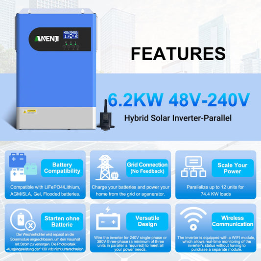 Aninerel 6200W Hybrid inverter 48V, battery-free operation, Parallel function, Max. PV 500Vdc Pure sine wave inverter 230V with 120A MPPT solar charge controller, For lithium batteries, with WiFi module