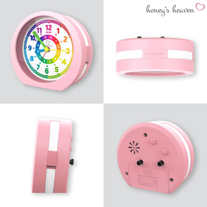 Honey's Heaven Kids Alarm Clock - no ticking sound - for boys and girls - educational alarm clock learning clock wake-up clock kids' clock quartz alarm clock snooze analog quartz clock (pink)