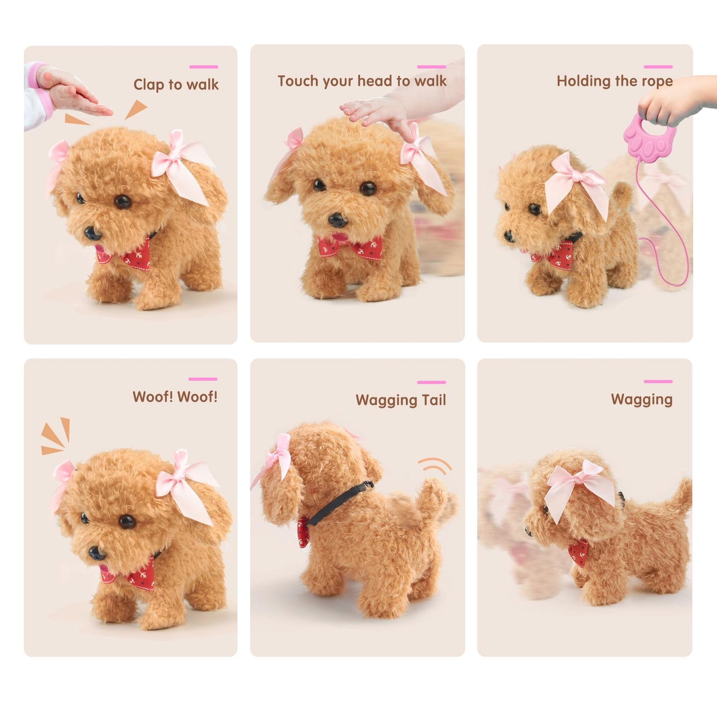 TOMMYHOME interactive toy dog for kids with remote control leash, pull cord, and accessories that can walk and bark. Plush dog toy for children.