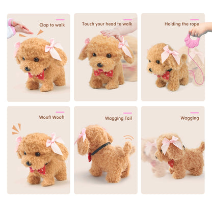 TOMMYHOME interactive toy dog for kids with remote control leash, pull cord, and accessories that can walk and bark. Plush dog toy for children.