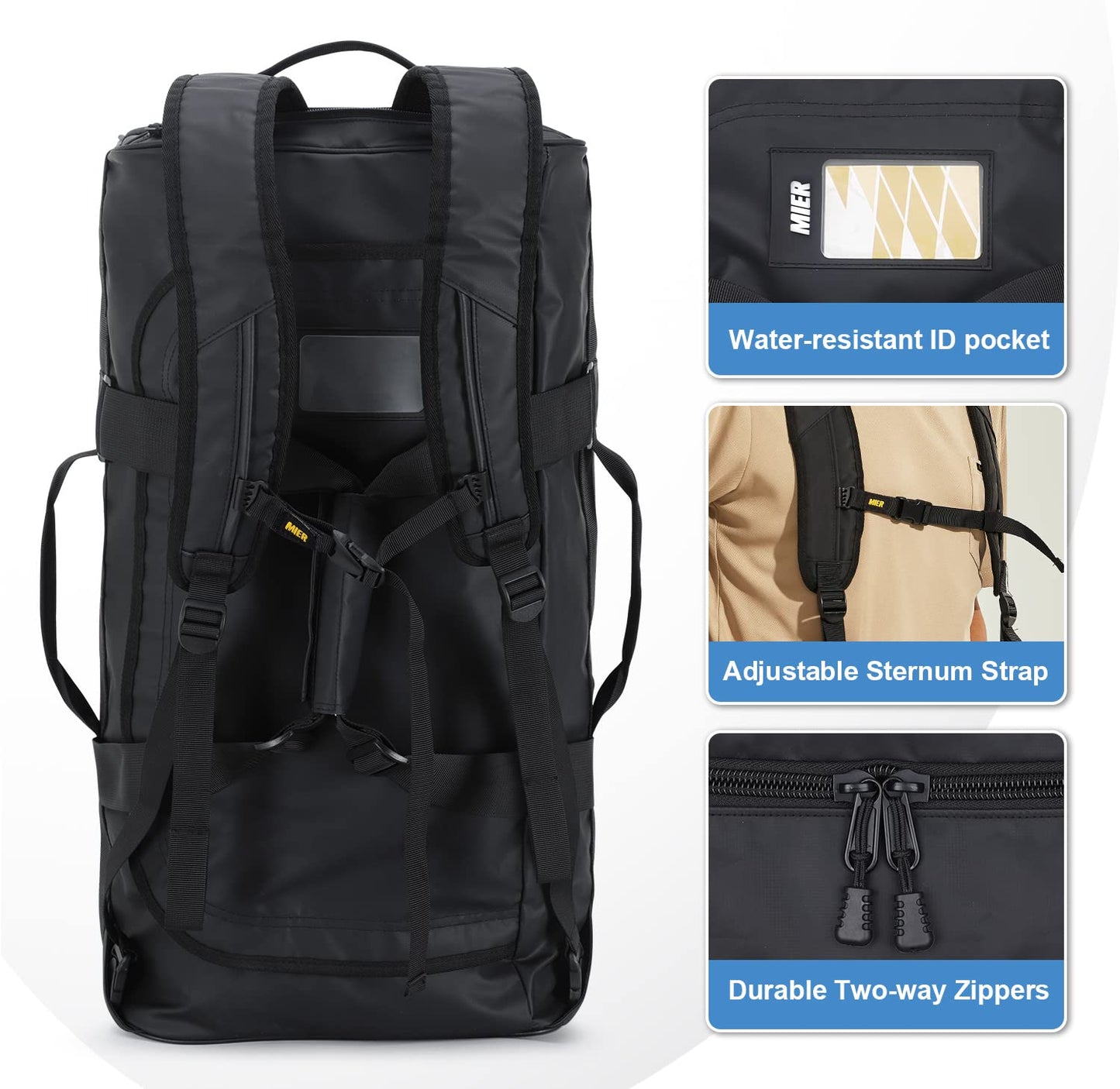 MIER Men's Sports Bag Water-Resistant Travel Bag 60L Large Heavy Duty Convertible Sports Backpack with Backpack Straps and Shoe Compartment for Gym, Sports, Travel, Duffle Bag-Black