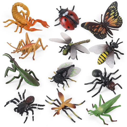 Realistic insect toy figures set of 12 pcs, featuring a ladybug, bee, butterfly, ant, cricket, praying mantis, scorpion, and spider. Great for school projects, Halloween, insect-themed parties, and party favors.