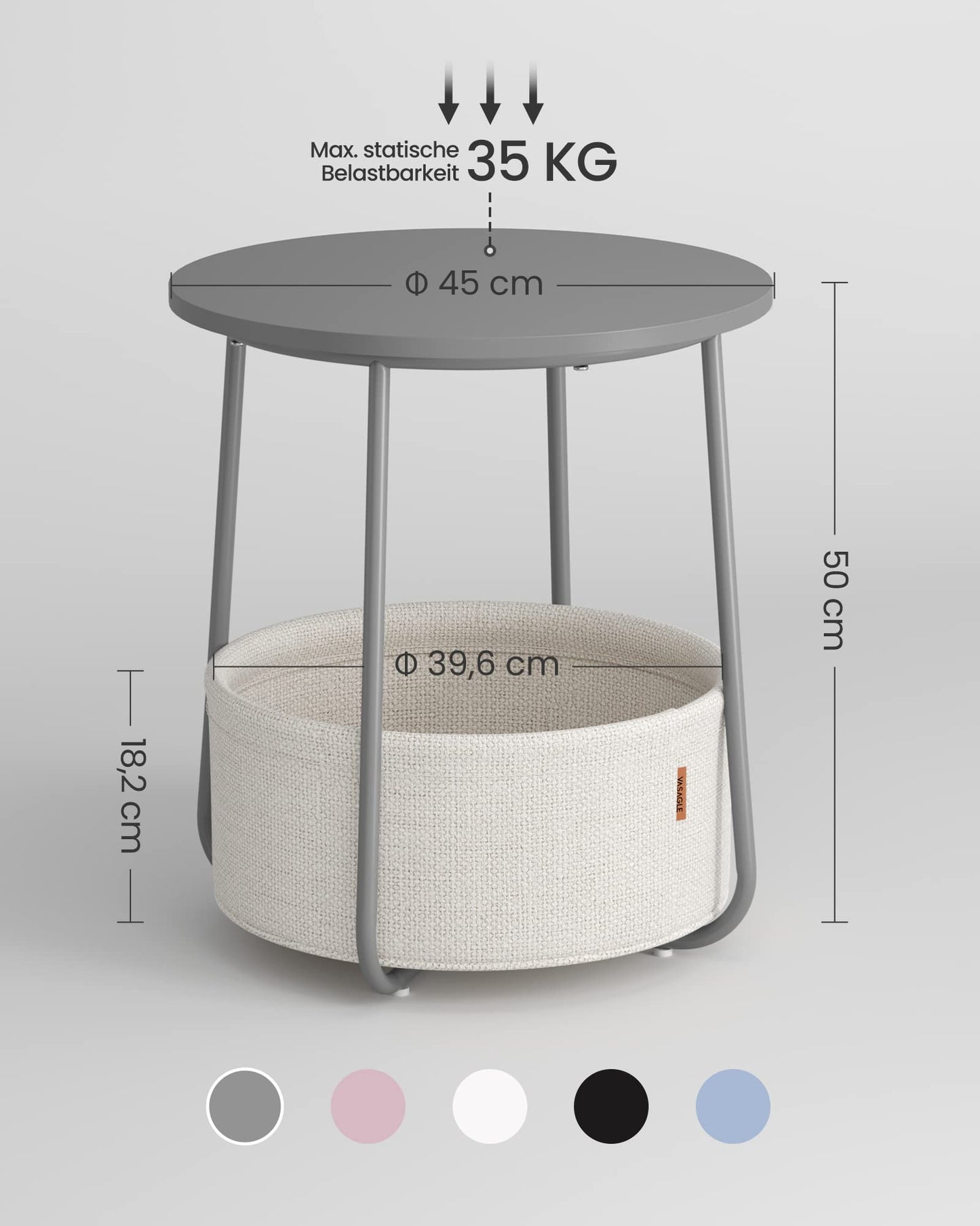 VASAGLE round side table, small table, compact coffee table, fabric basket, storage for living room bedroom, modern nightstand, cement gray-cream white LET223G49