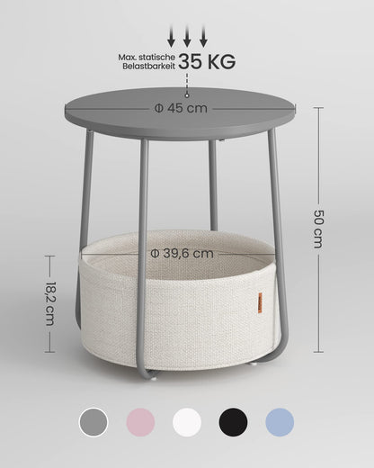 VASAGLE round side table, small table, compact coffee table, fabric basket, storage for living room bedroom, modern nightstand, cement gray-cream white LET223G49